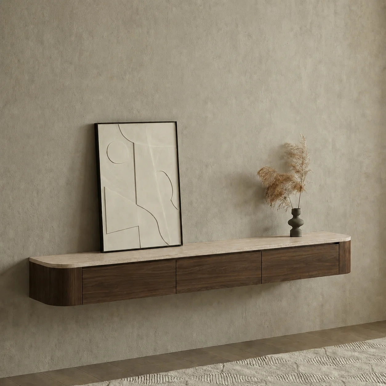 ELVA – Curved Zwevend TV-Meubel 240 cm - Walnoot Travertine